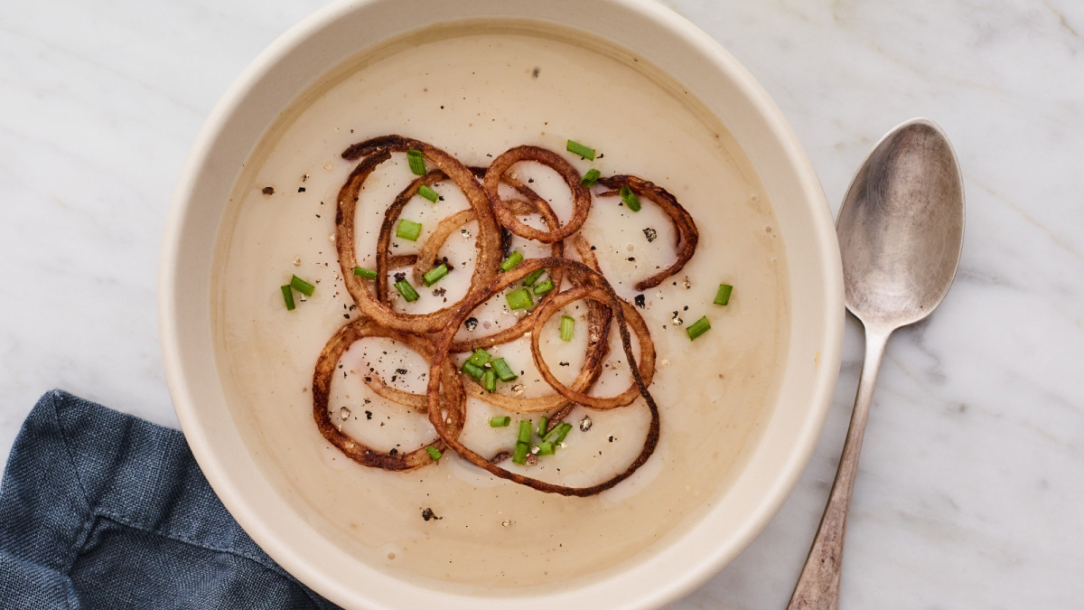 Roasted Potato Leek Soup with Onion Haystack
