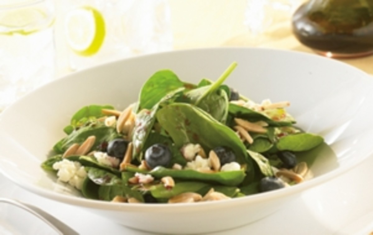 Spinach Salad with Blueberries, Feta Cheese, Slivered Almonds & Berry Mint Dressing