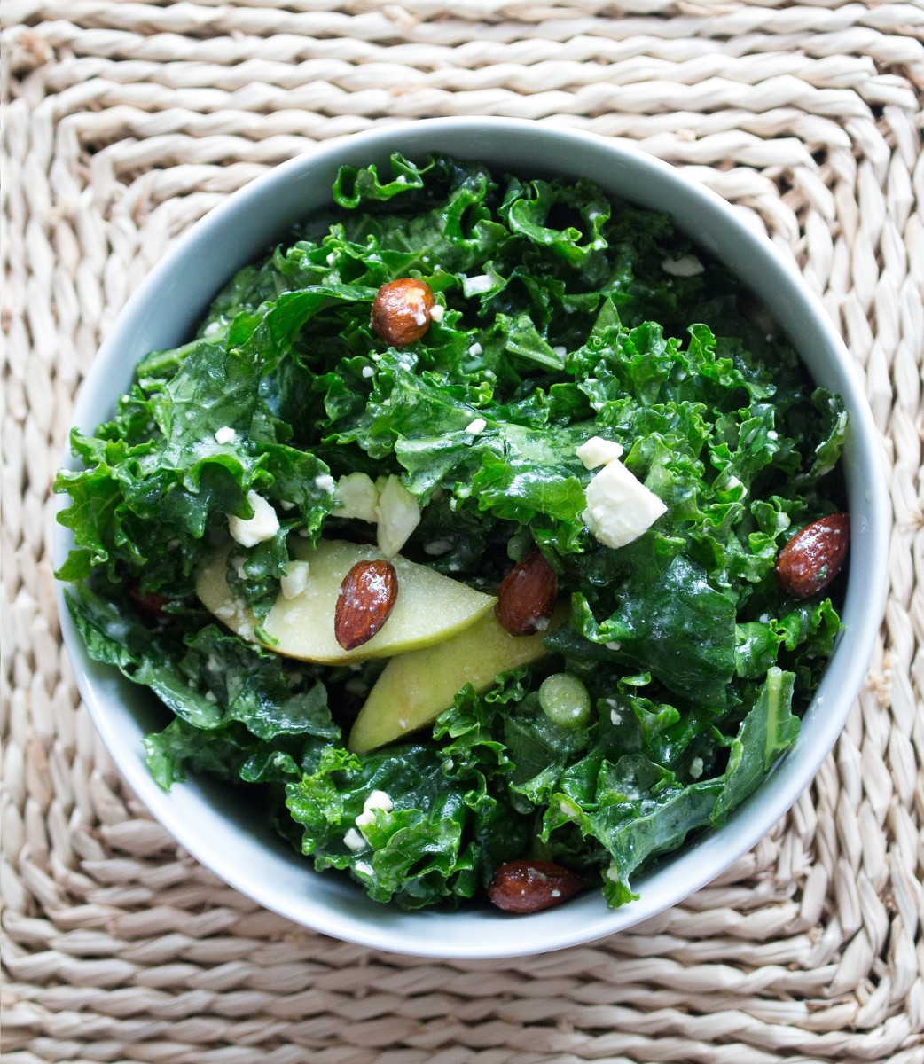 KALE SALAD WITH CANDIED ALMONDS, APPLES AND MAPLE DRESSING