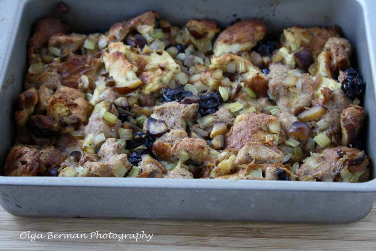 Challah and Whole Wheat Bread Stuffing with Cherries and Chestnuts