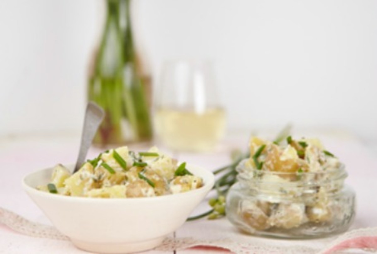 potato salad with chive blossoms