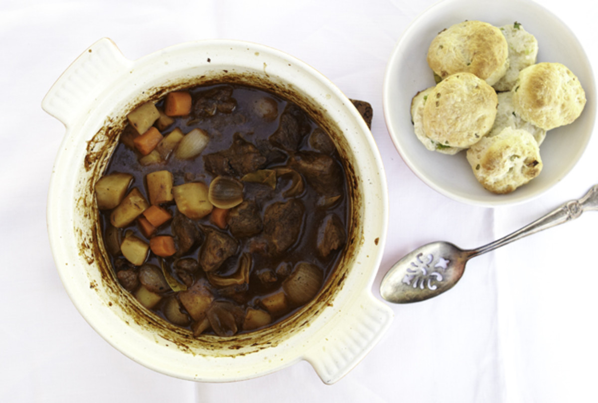 Hearty Beef Stew with Scallion Biscuits