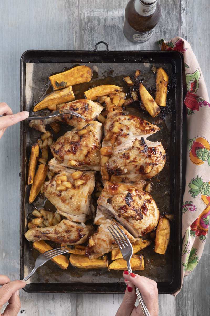 Hawaiian sheet pan chicken with pineapple and sweet potato