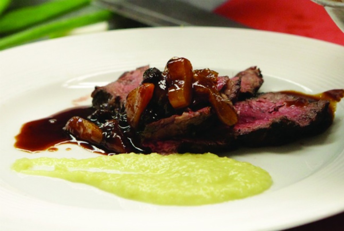 Brined Steak for Two with Fennel Puree and Apricot and Raisin Compote