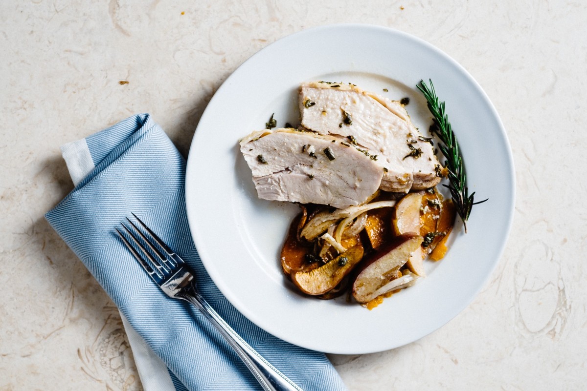 ROASTED SAGE AND ROSEMARY TURKEY WITH SWEET POTATOES AND APPLES