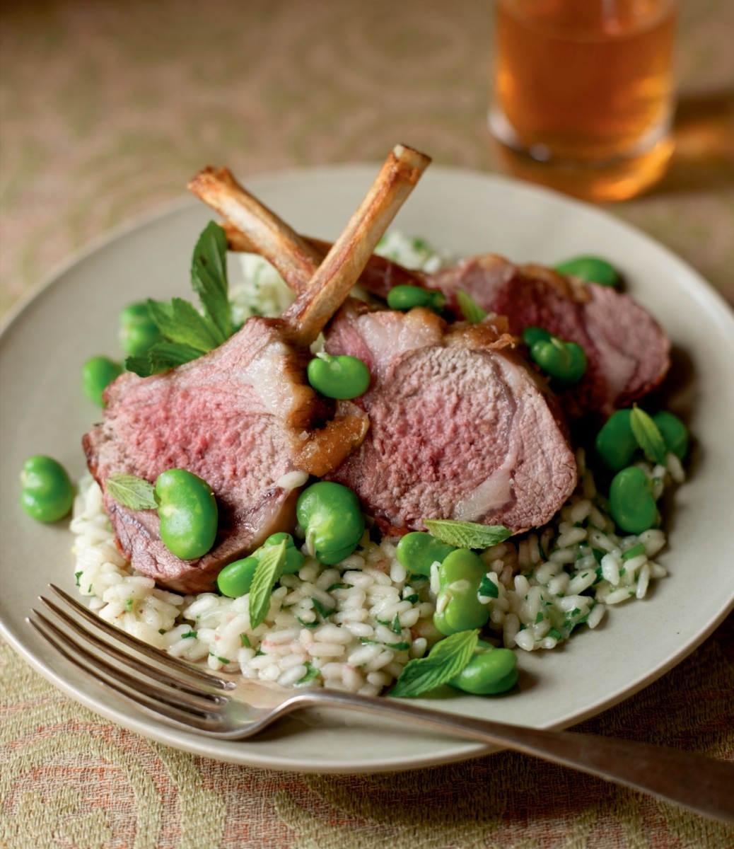 Roasted Lamb Chops with Fava Beans and Minted Risotto