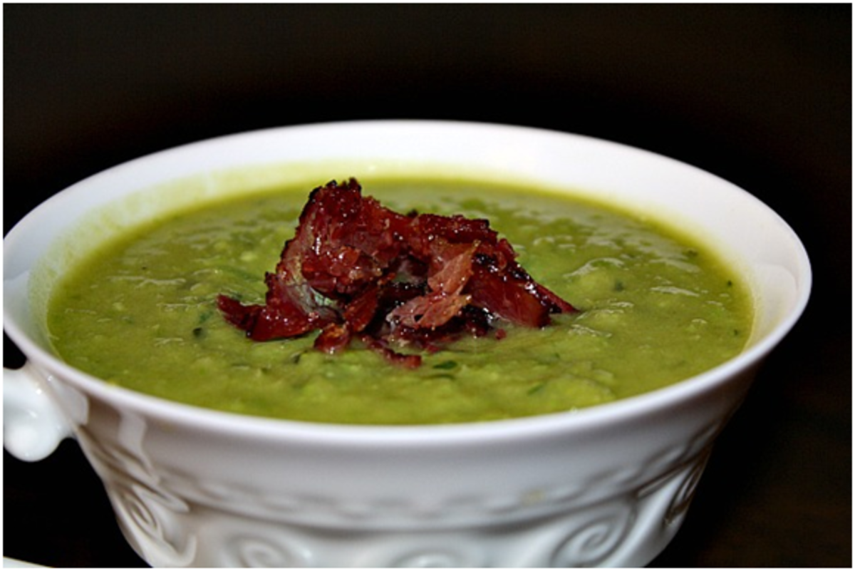 minted pea soup with kosher bacon