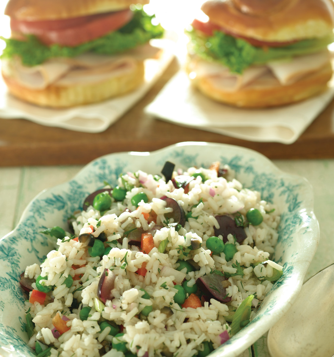 Smoked Turkey on Challah Rolls with Colorful Rice Salad