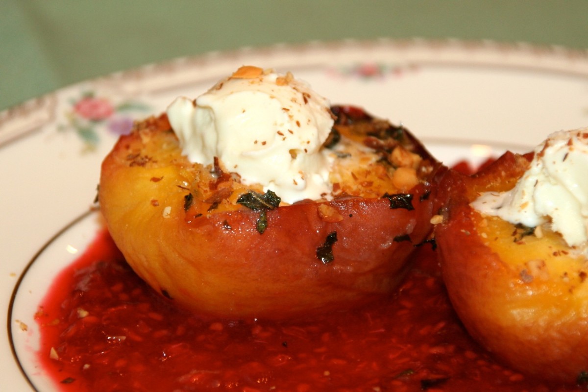 Roasted Peaches with Mint and Raspberry Sauce