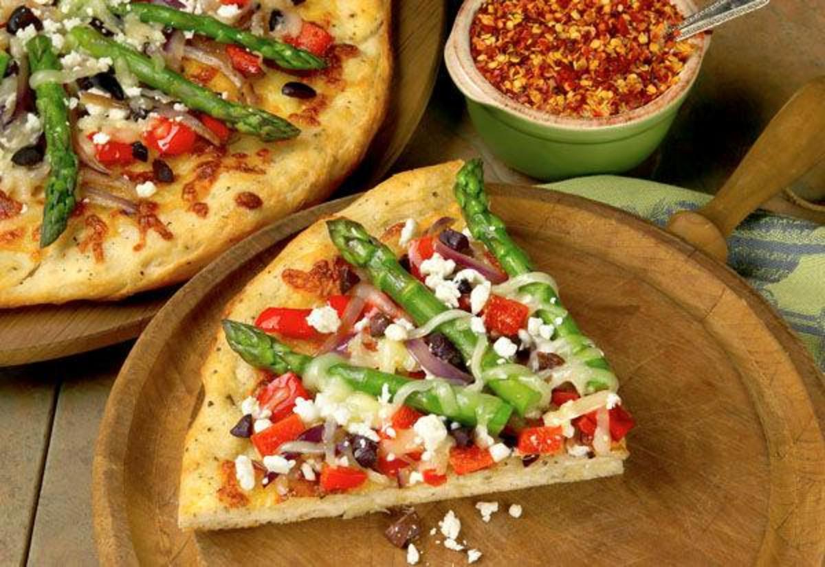 California Asparagus Pizza with Red Bell Pepper, Olive and Feta Cheese