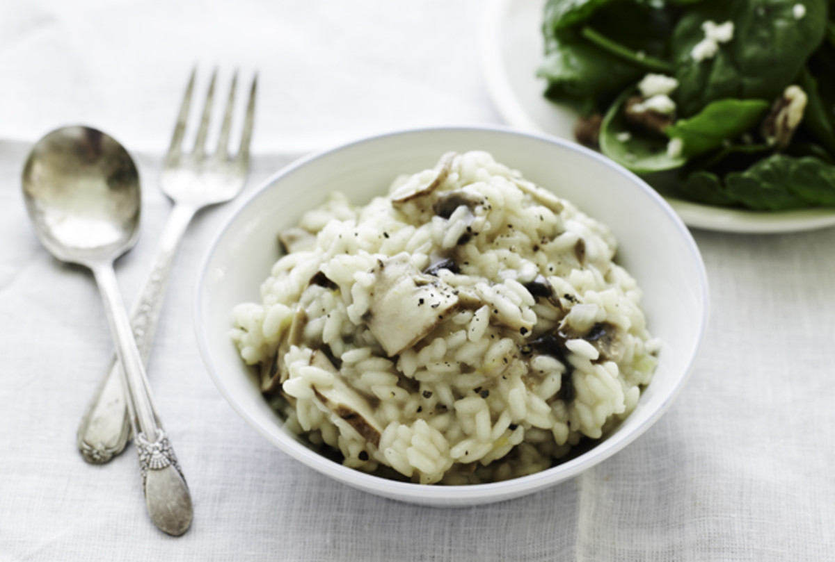 Creamy Mushroom Risotto with Spinach Walnut Salad