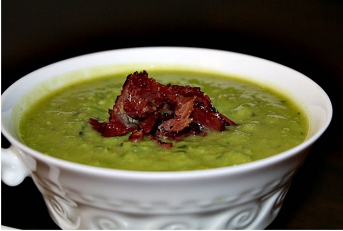 minted pea soup with pastrami