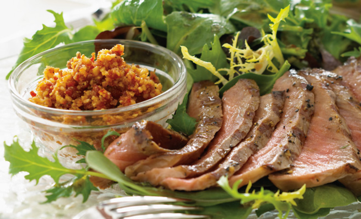 Mixed Greens with Grilled Steak & Walnut Romesco