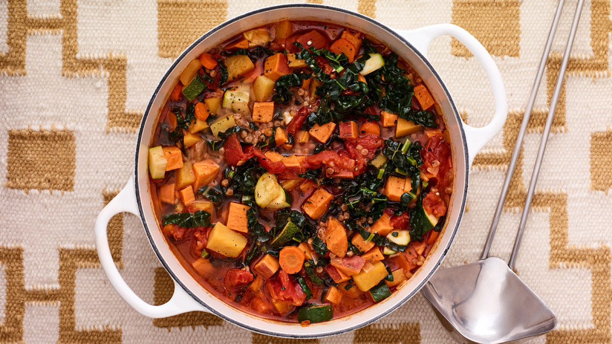 colorful veggie soup with Israeli couscous