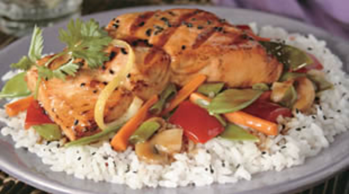 Soy Glazed Salmon with Vegetables & Rice