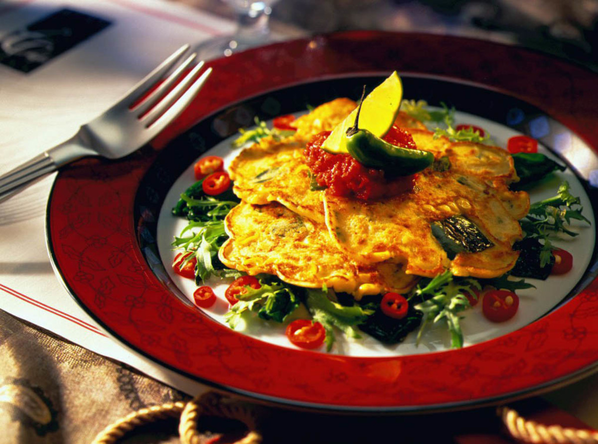 potato pancakes iwth roasted corn and poblano peppers