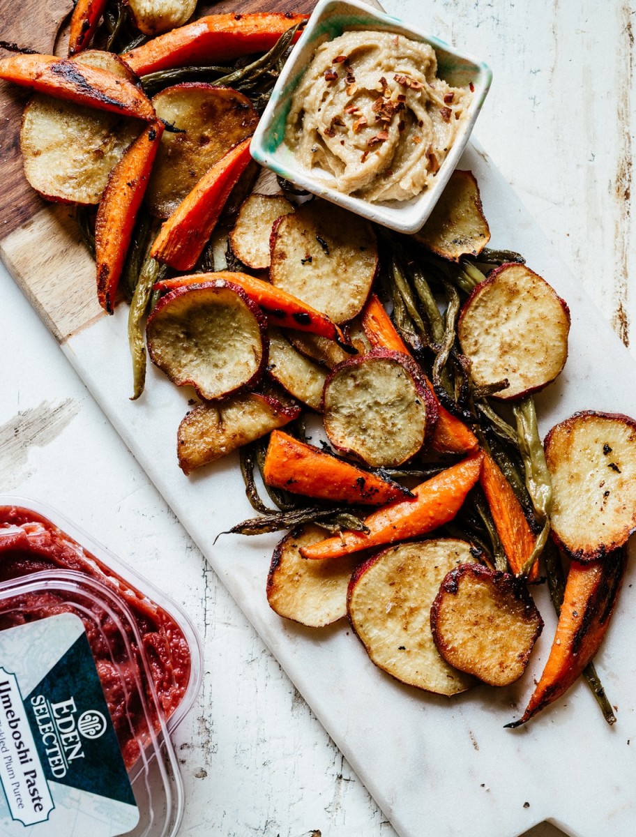 Umeboshi Roasted Vegetables with Tahini Ginger Dip