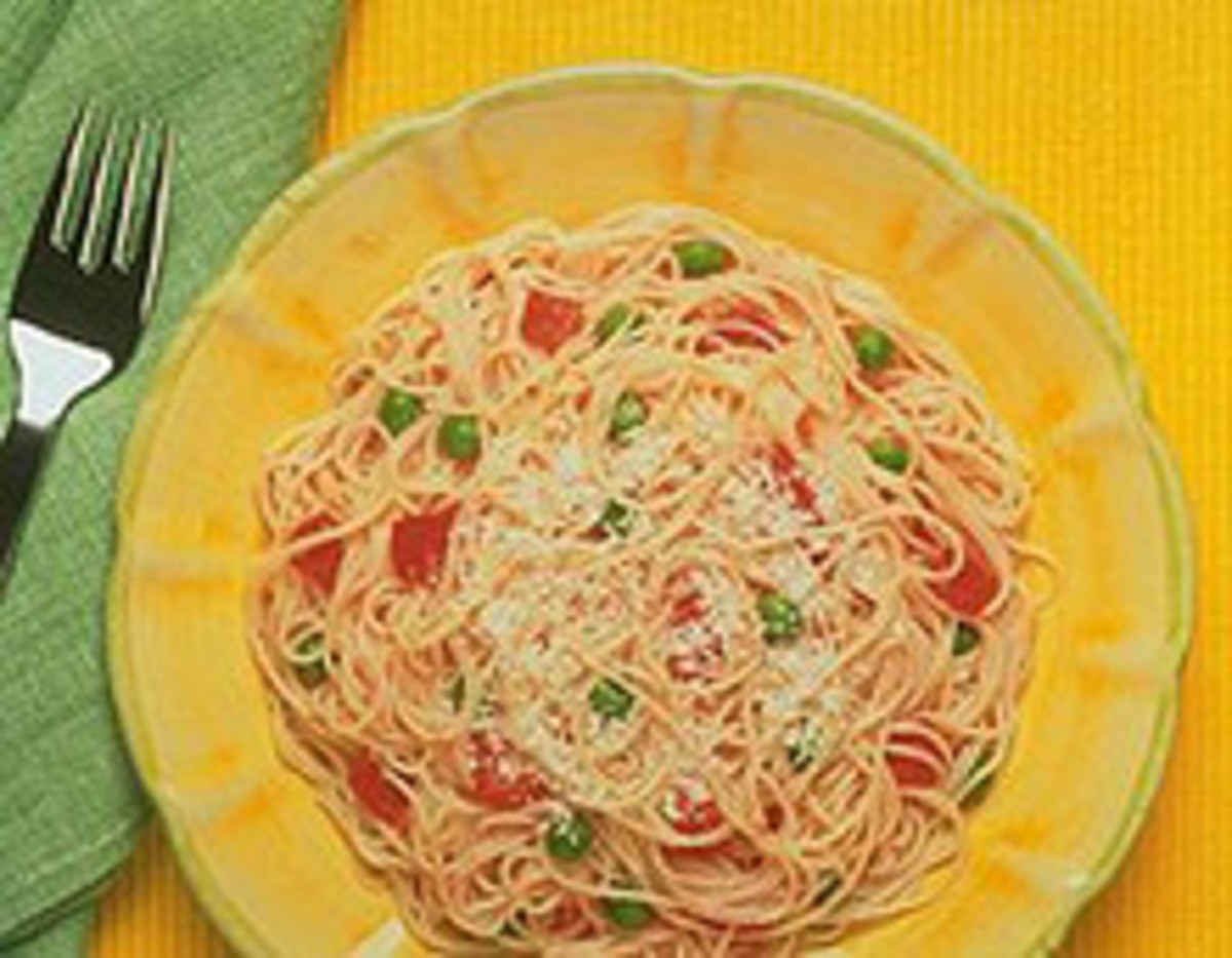 Angel Hair with Pink Tomato Sauce, Peas and Roasted Peppers