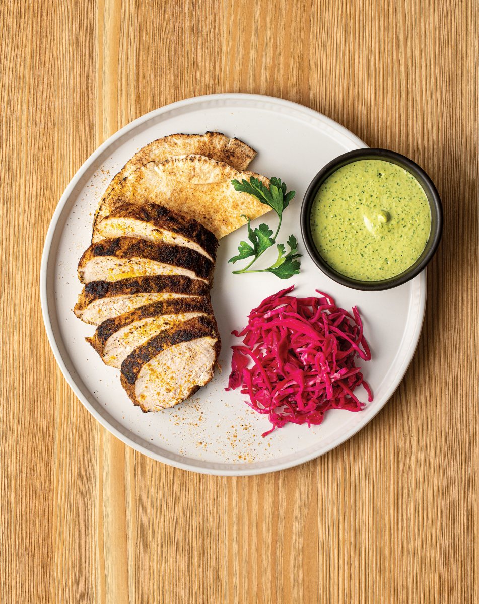 TURKEY SHAWARMA WITH GARLIC AND HERB TAHINI AND PICKLED RED CABBAGE