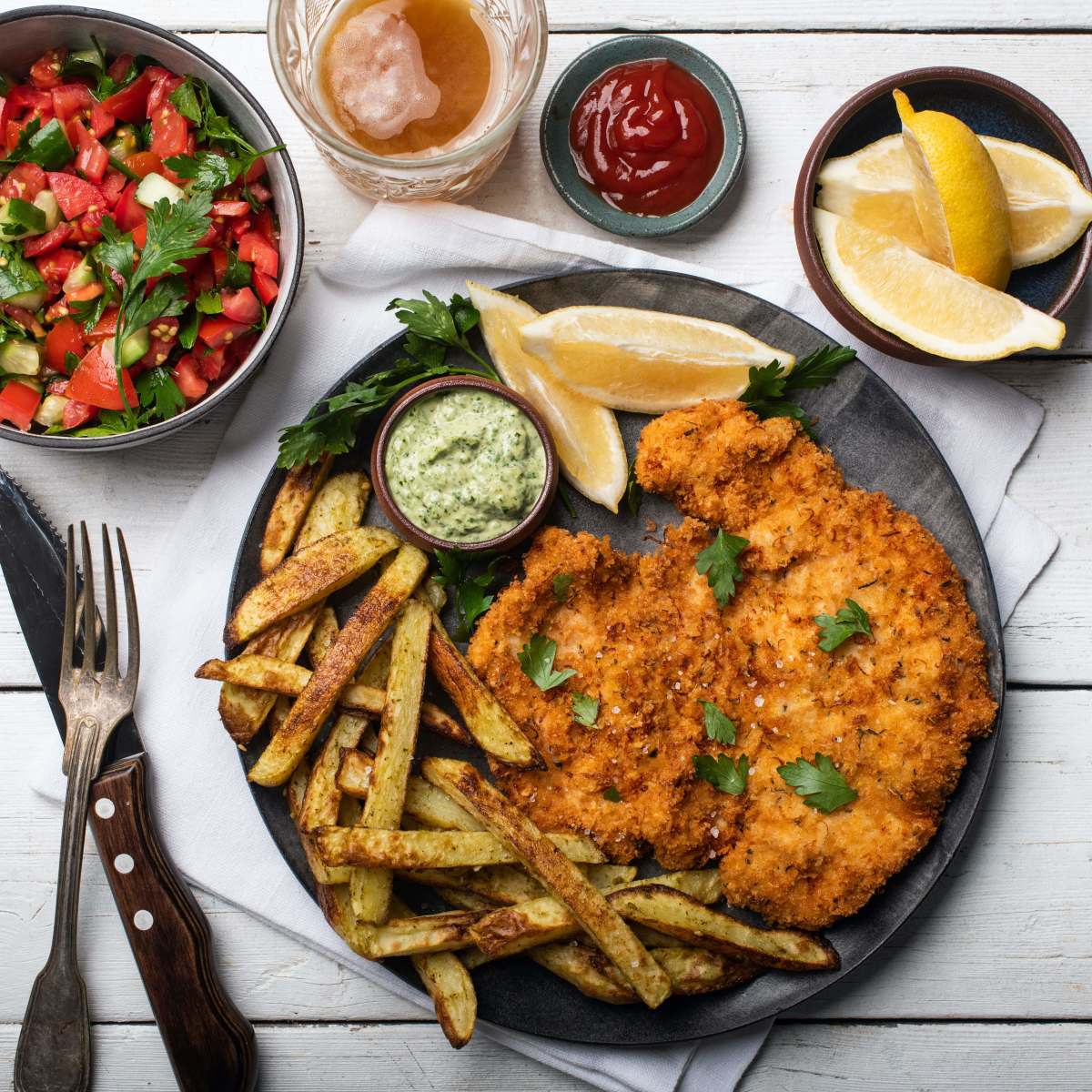 Crispy Schnitzel with Israeli Salad and Oven Fries - Jamie Geller