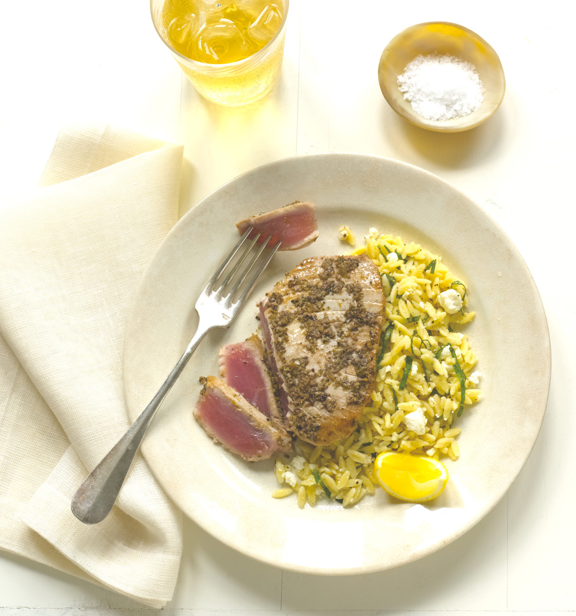 Pan-Seared Tuna with Lemon, Capers, and Olives - Jamie Geller