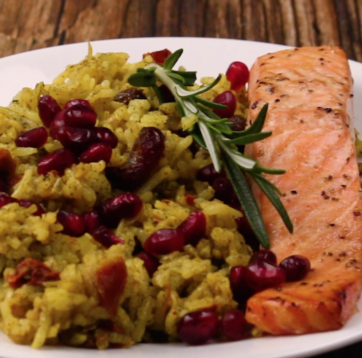 Pomegranate Salmon with Festive Herb Pilaf