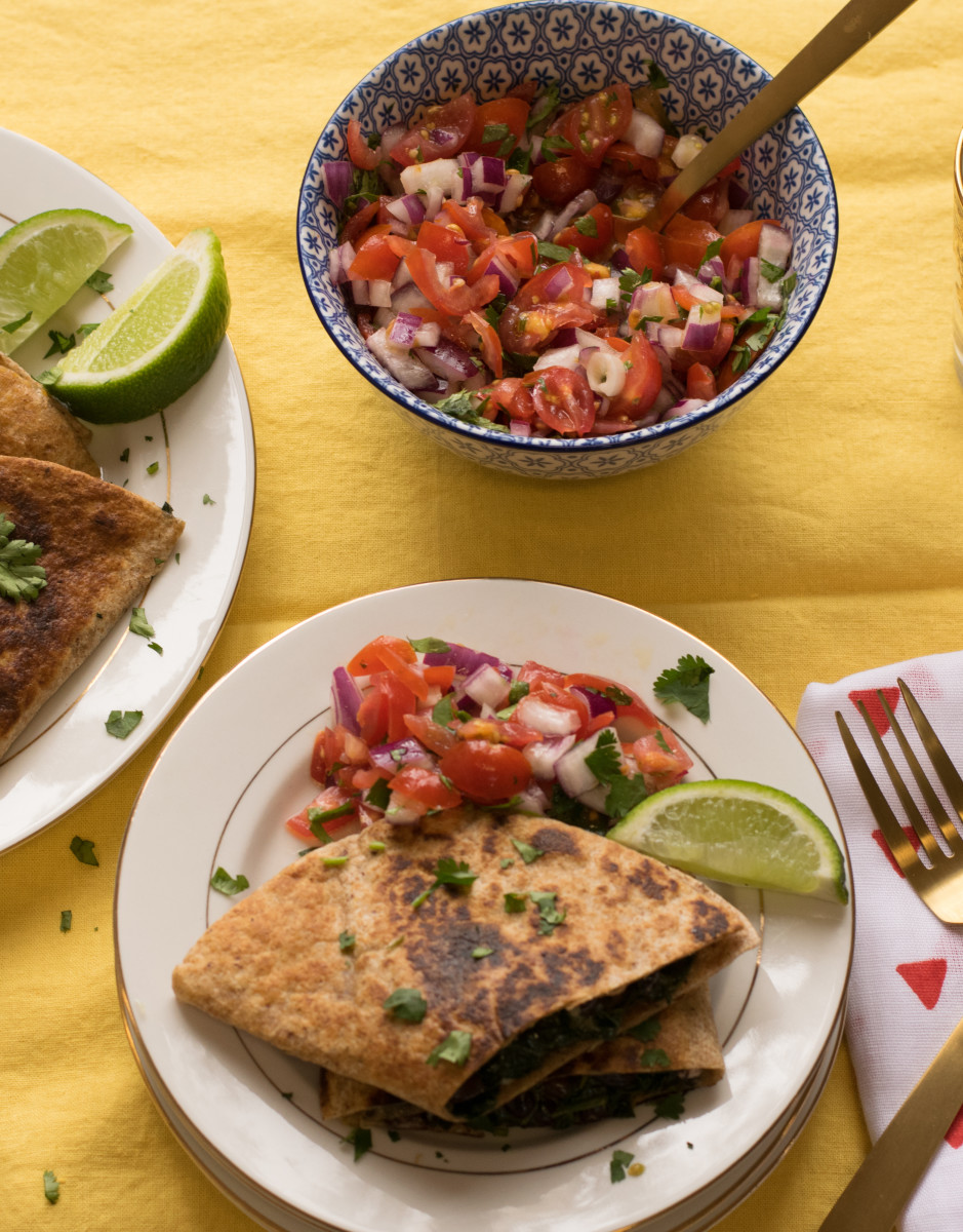 Black Bean Spinach Quesadillas with Tomato Salad vertical