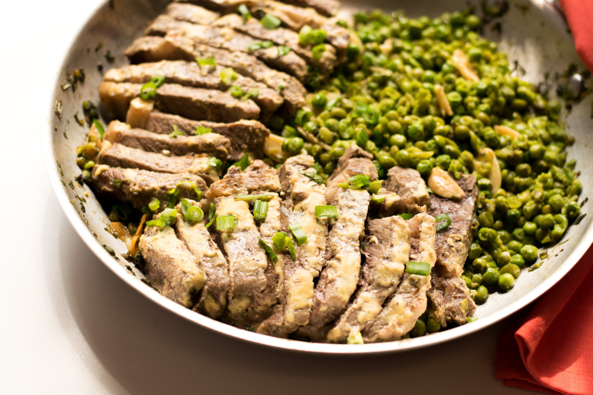 skillet steak with minted peas