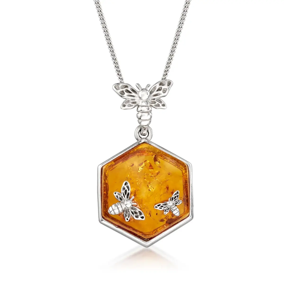Ross-Simons Amber Honeycomb and Bumblebee Pendant Necklace in Sterling Silver. 18 inches