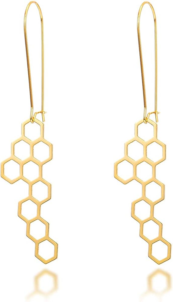 Stainless Steel Gold Plated Cut Out Hexagon Honeycomb Post Dangle Earring