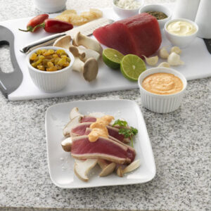 Ahi Tuna with California Golden Raisin-Ginger Cream on Royal Trumpet Mushrooms