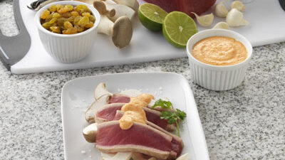 Ahi Tuna with California Golden Raisin-Ginger Cream on Royal Trumpet Mushrooms