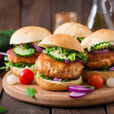 asian style turkey burgers with pickled cucumbers