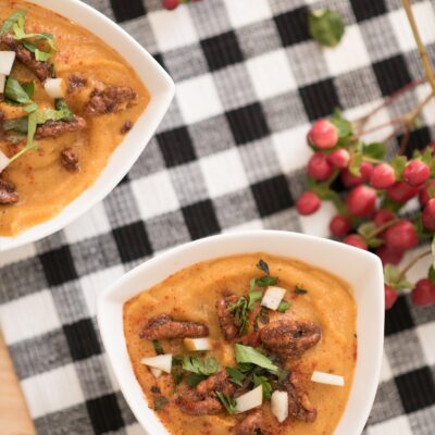 Root vegetable soup/sunchoke soup with spiced nuts
