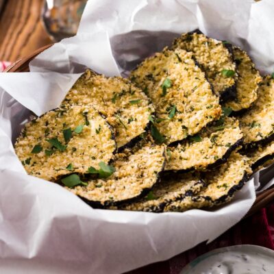 Baked Eggplant Chips with Tzaziki Dip