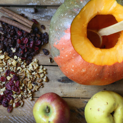baked pumpkin with corn and apple pudding