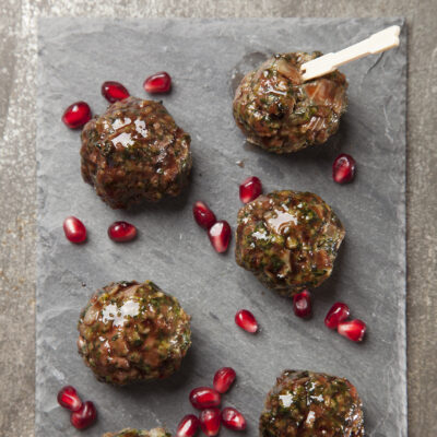 Baked Spinach Meatballs with Pomegranate Glaze