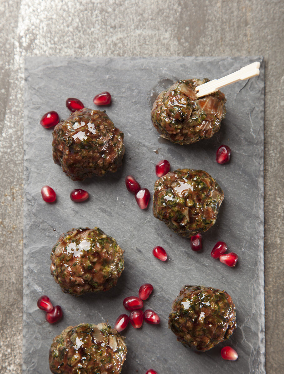 Baked Spinach Meatballs with Pomegranate Glaze