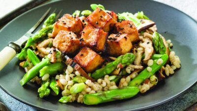 Barley, Asparagus and Mushroom Salad topped with Ginger Tofu