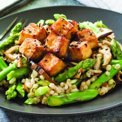 Barley, Asparagus and Mushroom Salad topped with Ginger Tofu
