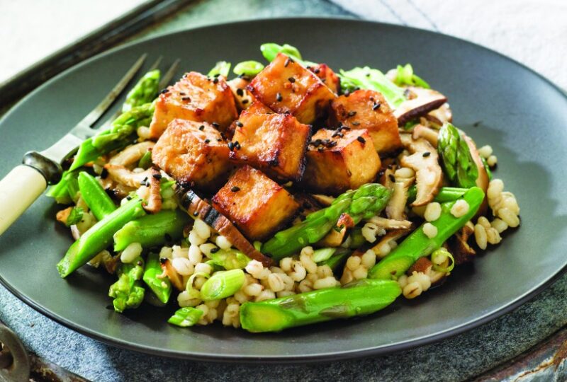 Barley, Asparagus and Mushroom Salad topped with Ginger Tofu