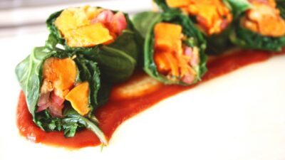 BBQ Collard Rolls With Pickled Onions and Jicama Carrot Slaw