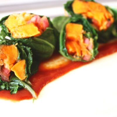 BBQ Collard Rolls With Pickled Onions and Jicama Carrot Slaw