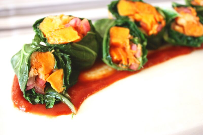 BBQ Collard Rolls With Pickled Onions and Jicama Carrot Slaw