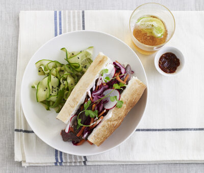 Teriayki Beef Banh Mi with Sesame Cucumber Salad
