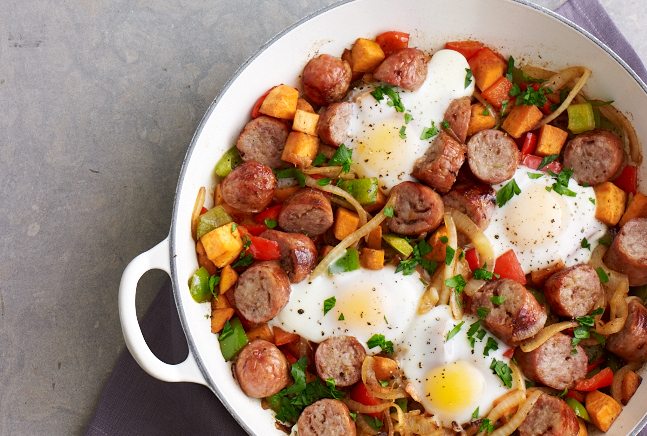 Baked Eggs with Sweet potato hash