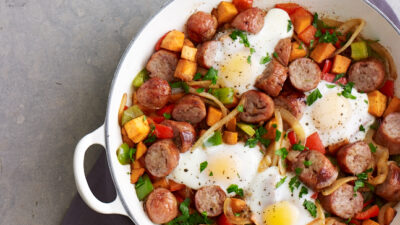 Baked Eggs with Sweet potato hash