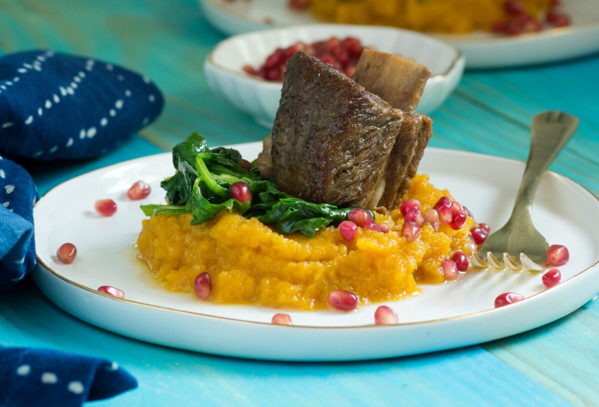 Beer-Braised Short Ribs with Mashed Butternut Squash and Spinach