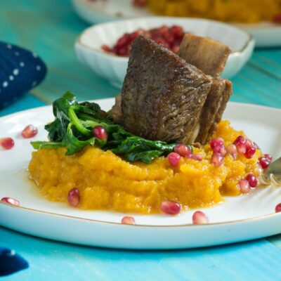 Beer-Braised Short Ribs with Mashed Butternut Squash and Spinach