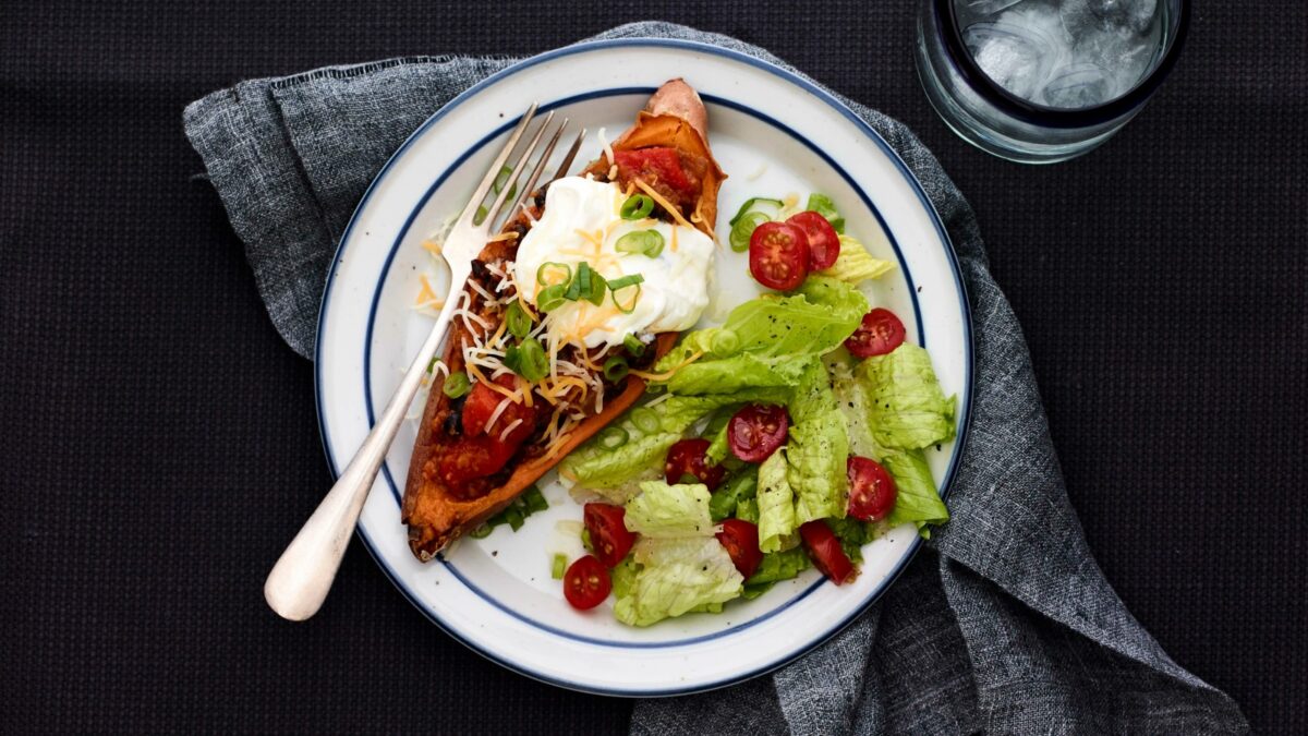 Black Bean Chili Stuffed Sweet Potatoes